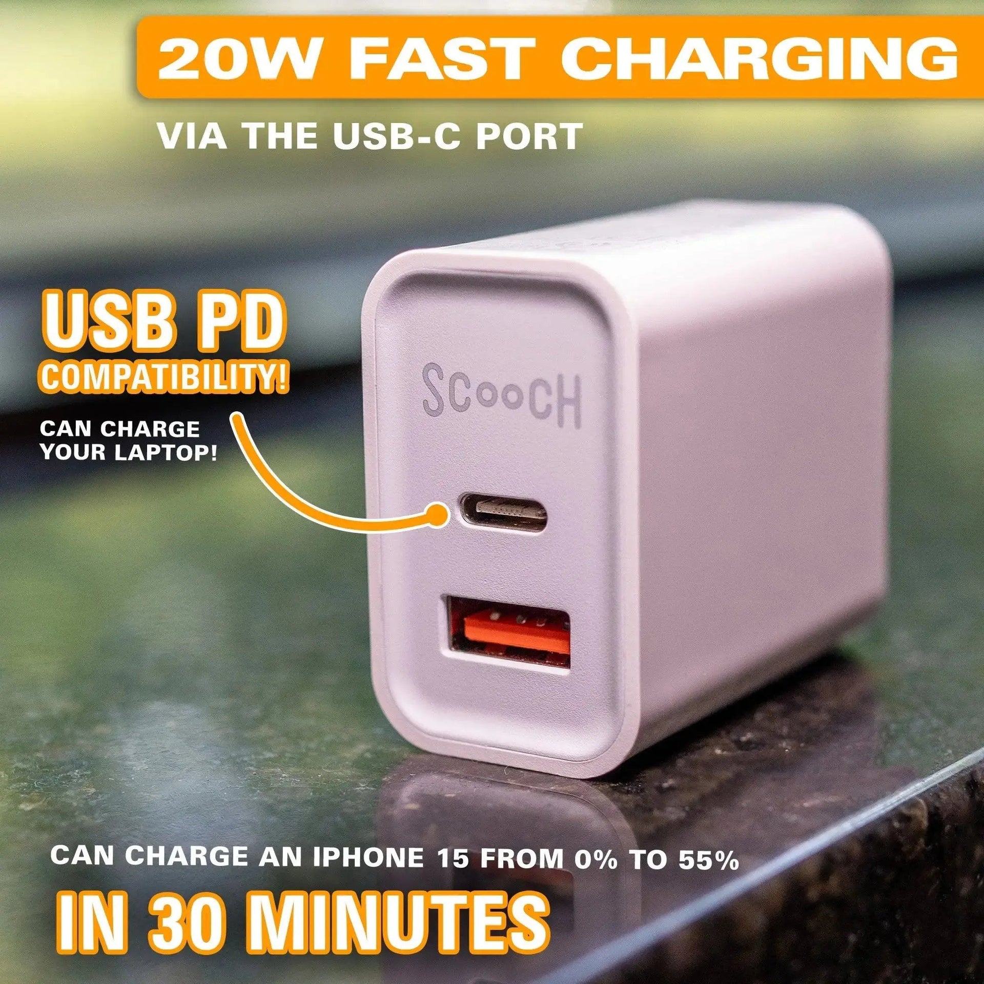 Scooch JuicePlug - 20W Fast Charger with USB-A and USB-C Ports (USAC Logo Print)